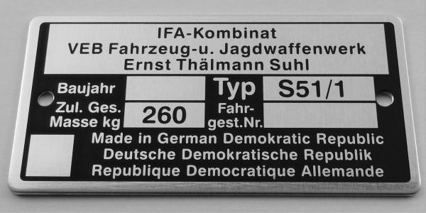 Typenschild für Simson S51/1 blanko ohne Beschriftung